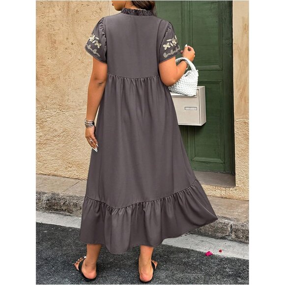 Women's Plus Size Boho Floral Embroidery Long Dress Vacation Beach Party - Picture 2 of 4